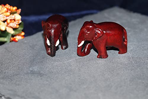 Image of Original Red Sandalwood Elephant Pair Idols Statue Lal Chandan Wooden Down Trunk Murti Figurine for Home Decor - 1 Inches