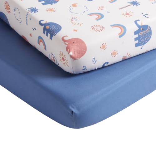 Image of TILLYOU Mini Crib Fitted Sheets - Soft Knit Sheet for Pack N Play, Microfiber Mini Crib Sheets, 38 x 24 Playpen Bedding Sheet for Baby 2 Pack, Machine Washable, Elephant Rainbow
