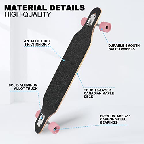 Tlhb Longboard Skateboard, 41 Inch Drop Through Longboard Complete 9-Ply Nature Maple Premium Cruiser Long Board For Adults, Teens And Kids - High-Speed Bearings & T-Tool-Pink #TOP1