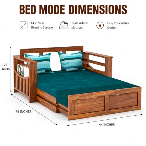 Image of Douceur Furnitures Solid Sheesham Wooden 2 Seater Sofa Cum Bed with Mattress & 2 Teal-Green Cushions,Wood Foldable Convertible Sofa Diwan Cum Bed for Living Room and Bedroom, Honey Teak Finish