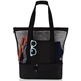 BEE&FLOWER Bolsa de playa de malla, bolsa de playa extragrande, bolsa de playa para mujer, impermeable, plegable, para el tiempo libre, bolsa de compras, para playa, picnic, color negro