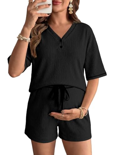 BLENCOT Womens Maternity Lounge Set Nursing Pajamas Set Button V Neck Textured Tee Top and Shorts Pregnancy Summer Outfits Black XL