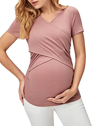 Oyoangle Women's Maternity Criss Cross Short Sleeve V Neck Basic Nursing Tee Shirt Dusty Pink M #TOP25