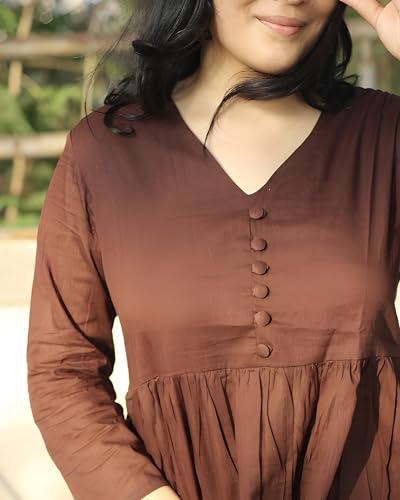 Image of ANILINE Women's V-Neck, Button Front, three-quarter sleeves, Anarkali shape, Empire Waist, Pleated Design Kurta With Pant