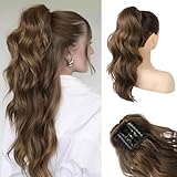 HOOJIH Clip in Ponytail Extension, Ponytail Extension 18 Inch Hair Ponytail Extension Wavy Ponytail Fluffy Soft Clip on Ponytail Synthetic Fiber Ponytail Hair Pieces for Women - Ginger Medium Brown