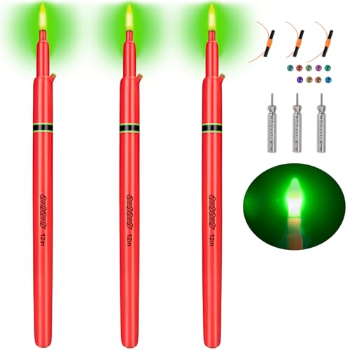 QualyQualy Lighted Fishing Floats, Weighted Floats Catfish Pole Floats LED Lighted Bright Bobber Wood Pole Fishing Float for Big Bait 7IN 10IN 12IN, 3PCS (B-Red Lighted Pole Float, 12''-3Pcs)