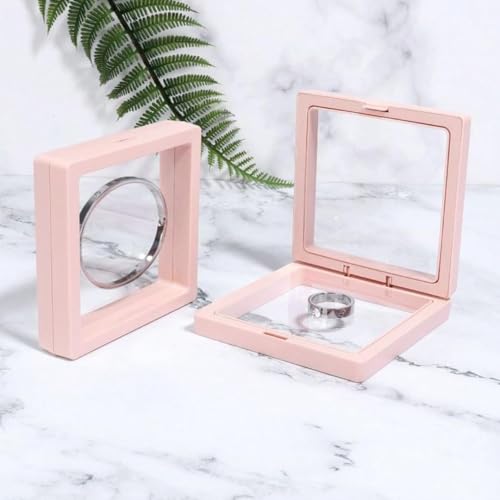 Image of Floating Display Frame, Coin Display Case, Dustproof PE Film Transparent Jewelry Storage Box for Ring Necklace Bracelet, Floating Display Case for Coin, Jewelry per Availability (Medium Pink 10pcs)