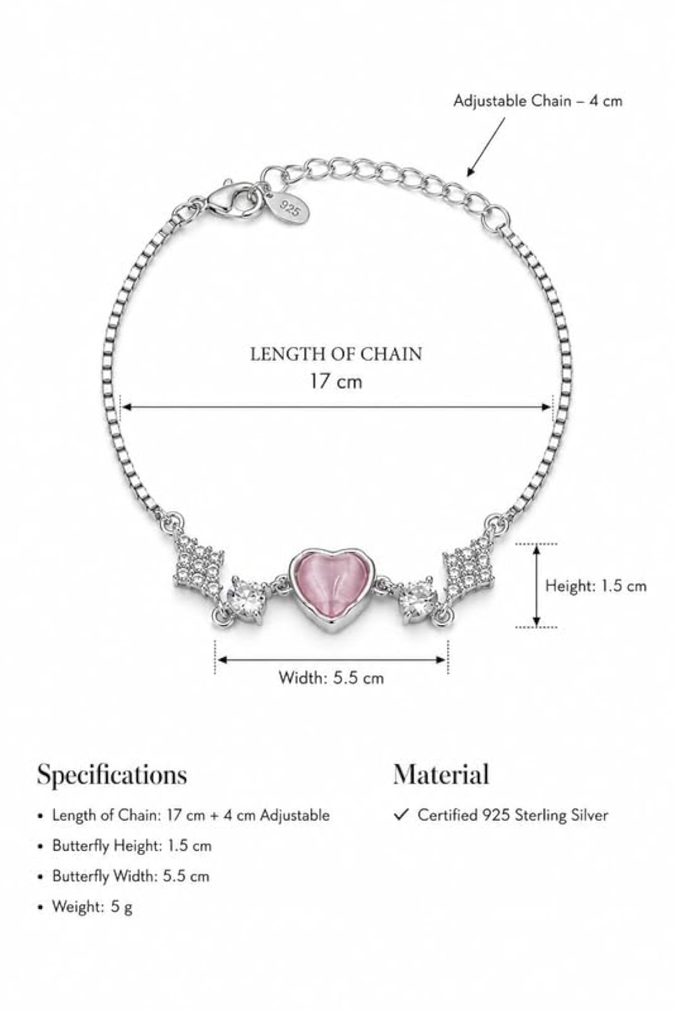 Women's 925 Sterling Silver Pink Heart Bracelet