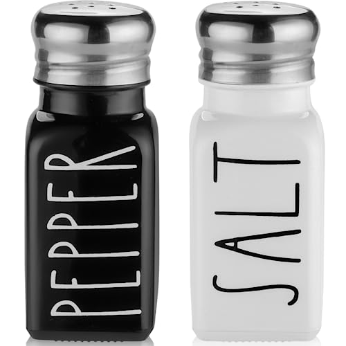Farmhouse Salt and Pepper Shakers Set by Brighter Barns - Cute Modern Farmhouse Kitchen Decor for Home Restaurants Wedding - Gorgeous Vintage Glass Black White Shaker Sets with Stainless Steel Lids