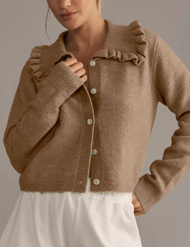 Arssm Womens Ruffle Collar Cardigan Cropped Button Down Open Front Sweaters Knitted Long Sleeve Fall 2025 Elegant Outwear2