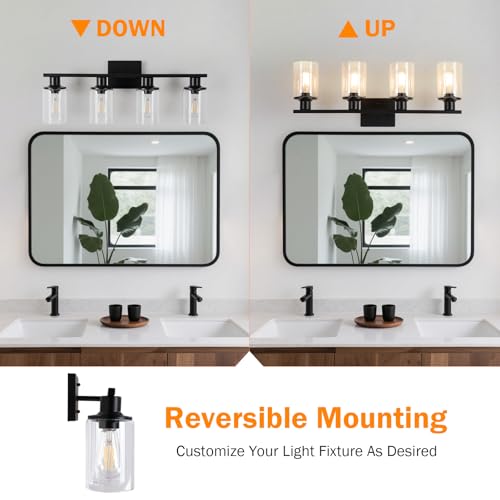 Image of Matte Black Bathroom Light Fixtures Over Mirror,4-Light Bathroom Vanity Light with Clear Glass Shade,Modern Farmhouse Wall Sconces Lighting for Mirror Kitchen Living Room Cabinet