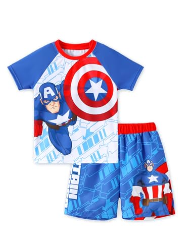 Disney Marvel Spiderman Cars Boy Swimsuit Rash Guard Shirts & Swim Trunk Boys Swim Set Mickey Summer Bathing Suit 2-13 Years, Marvel Captain America-blue, 3-4 Years