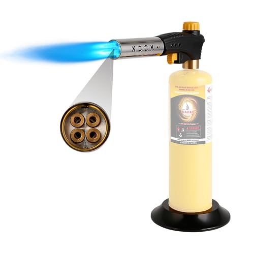 KOOKCOOK Propane Torch Head,Quad-Flame Blow Torch Kit with Propane Tank Base for MAPP MAP Gas,Work in All Angle,Trigger Start Torch Gun Ideal for Welding Brazing Soldering Grill Camping Cooking Food