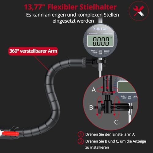 XUNTOP Auto Bremsscheiben Schlagfestigkeitsprüfer Scheibenbremsroto Messgerät 0.01 mm (0.0005 inch) Digitale Messuhr Mit 360°flexibler Stangenhalterung Produkt für die Automobilindustrie
