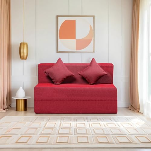 Image of Amazon Brand - Solimo 2 Seater 4 * 6 Jute Fabric Washable Cover Sofa Cum Bed with 2 Cushion 2 Seater Double Foam Fold Out Sofa Cum Bed (Finish Color - Maroon Delivery Condition - Pre-Assembled)