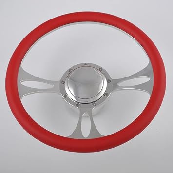 RED 14" BILLET ALUMINUM 9 HOLE STEERING WHEEL KIT W/HORN BUTTON & ADAPTER FOR 1969-1994