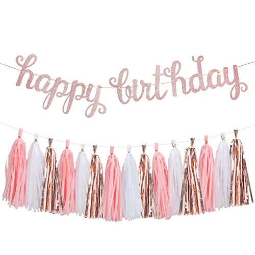 Rubfac Rose Gold Happy Birthday Banner Tissue Paper Tassels Garland Pink Birthday Decorations For Women Girls 18Th 21St 40Th 50Th 60Th Supplies #TOP8