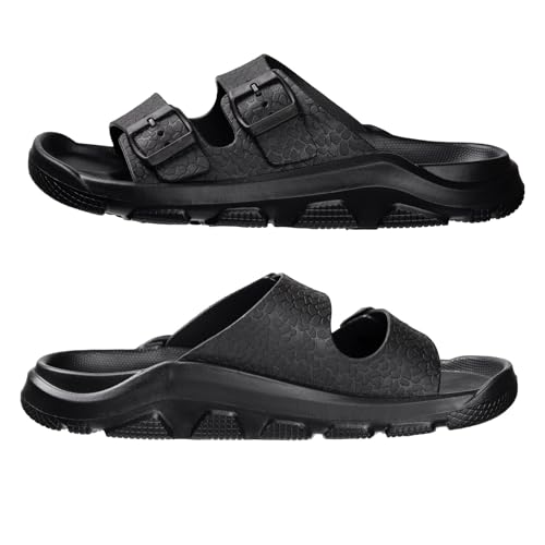 Harssidanzar Mens Slides Sandals Double Buckle Adjustable Slides EVA Flat Sandals KM243US3