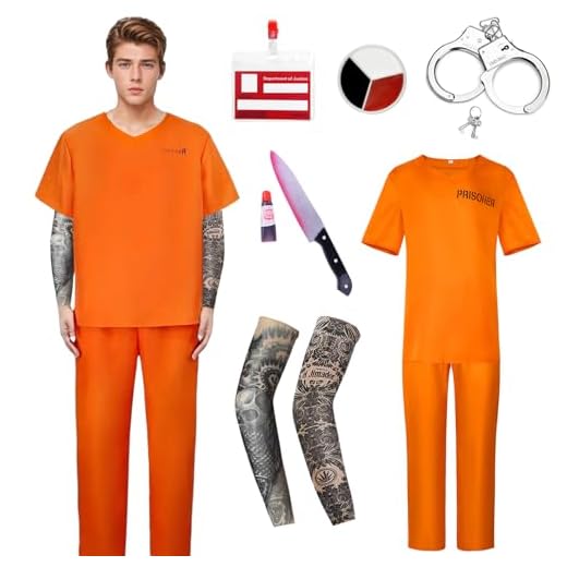 Disfraz Preso Naranja para Adulto, Disfraz Prisionero para Hombre Mujer, Disfraz Naranja Adulto Disfraces de Preso, Disfraz Carcel Naranja para Adultos, Disfraz de Halloween Carnaval Cosplay Traje