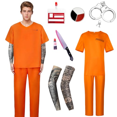 Disfraz Preso Naranja para Adulto, Disfraz Prisionero para Hombre Mujer, Disfraz Naranja Adulto Disfraces de Preso, Disfraz Carcel Naranja para Adultos, Disfraz de Halloween Carnaval Cosplay Traje