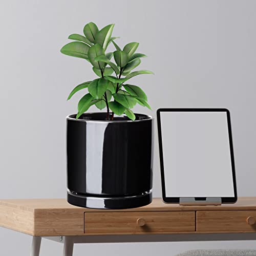 Aveyas 6 Inch Ceramic Planter Pot With Drainage Hole & Saucer, Glazed Mid Century Modern Cylinder Small Plants Pot For Indoor Desk Decorative Snake Flower Succulents Pots (6In Shiny Black) #TOP4