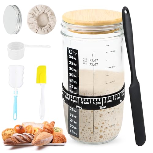 Sauerteig Starter Set 900ml Sauerteig Glas mit Holzdeckel, Aluminiumkappe, Gummiband, Thermometerpapier, Silikon Spatel, Stoffhut, Etikett, Messlöffel, Mixmesser für Brotbacken, Fermentieren