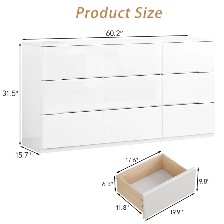 Image of High Gloss Dresser for Bedroom, 60.2 inch Wide 9 Drawer Dresser, White