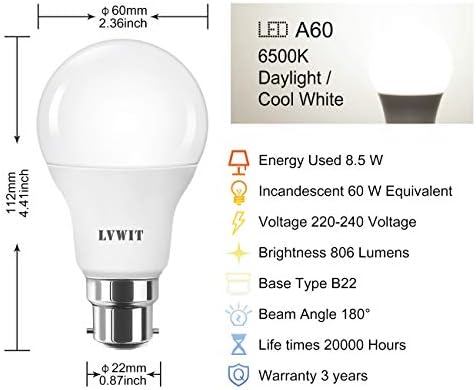 B22 Led Light Bulb, LVWIT Bayonet 8W 6500K Daylight White, Equivalent to 60W Incandescent Standard, Ultra Bright 810Lm Non-Dimmable A60 Bulb, 6 Pack