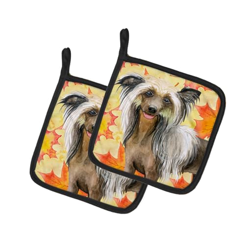 Caroline's Treasures BB9920PTHD Chinese Crested Fall Pair of Pot Holders, Yellow Kitchen Heat Resistant Pot Holders Sets Oven Hot Pads for Cooking Baking BBQ, 7 1/2 x 7 1/2