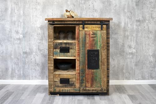 SAM Sideboard Libro I, Mangoholz massiv + bunt, Kommode mit Holzschiebetür, 2 Schubladen & 4 offenen Fächern, Türelemente & Reling aus Eisen, 75 x 90 x 36 cm, Shabby Chic SAM Sideboard Libro I, Mangoholz massiv + bunt, Kommode mit Holzschiebetür, 2 Schubladen & 4 offenen Fächern, Türelemente & Reling aus Eisen, 75 x 90 x 36 cm, Shabby Chic