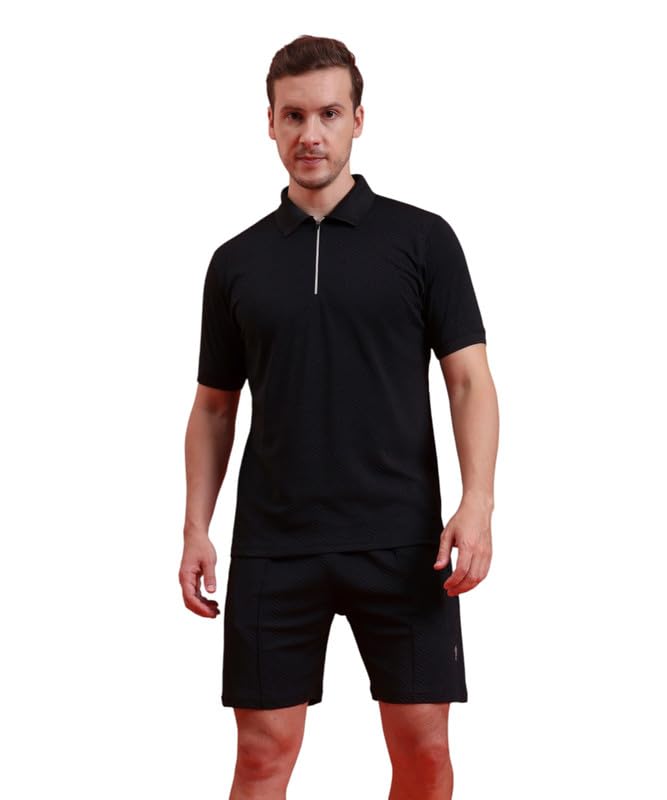 eppe Premium Black Co-ord Set for Men | Textured Polyester Polo T-Shirt with Zipper & Matching Mid-Rise Shorts | Two Piece Outfit | Regular Fit | Casual Wear with Pockets-picture-11