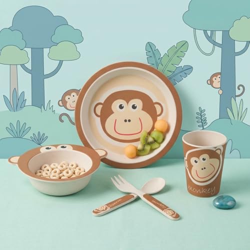 Image of Bamboo Kids Feeding Set of 5 |Kids Crockery Set Tableware |Baby Utensils and Dishes Set | Eco-Friendly |Organic & Natural. (Mighty Monkey)