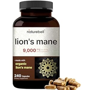 NatureBell Lions Mane Mushroom Supplement Capsules 9,000mg, 240 Capsules | 120 Days Supply – Made with Organic Lion’s Mane Powder Extract – Cognitive Brain Nootropic & Immune Health Support – Non-GMO