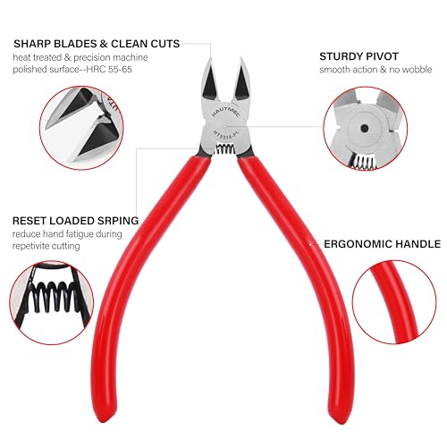 Image of HAUTMEC 6 inch Flush Cutters Ultra Sharp Flush Cut Pliers 5PCS Small Wire Cutters for Crafting, Spring Loaded and Non-slip Grip Wire Snips for Plastic, Jewelry Marking, Artificial Flowers, HT0318-5PC