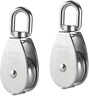 IMAGINE 2Pcs M15 M20 M25 Silver Single Pulley Block 304 Stainless Steel Single Wheel Wirerope Traction Trolley Crane Swivel Hook Pulley Roller Loading (M25 150kg)