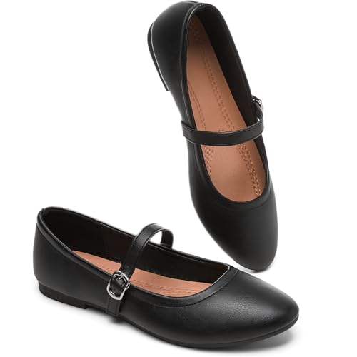 BABUDOG Womens Mary Janes Flats Shoes Ballet Flats Black Dress Shoes,Memory Foam Insole,Soft Synthetic Leather,with Strap(Black.US7)
