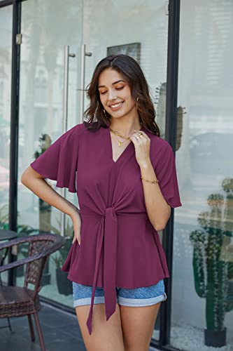 Image of GRACE KARIN Women's Elegant V-Neck Tie Waist Flowy Peplum Shirt Tops