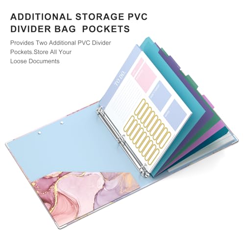 Image of 3 Ring Binder, 0.75 Inch Binder Organizer with 5 Tab Dividers, File Folder Labels, A4 Memo Pad & to Do List Planners for Women, Men, School Supplies and Office Supplies, Pink Marble
