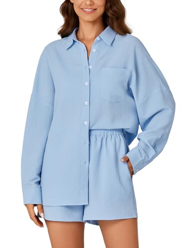 OPOIPIN Women's 2 Piece Outfits Long Sleeve Button Down Shirt