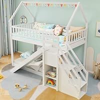KOMFOTT Wood Twin Over Twin Bunk Bed with Slide & Staircase, Twin House Bunk Bed with Safety Guardrails & Storage, Floor House Bed with Wooden Slat Support for Boys Girls, No Box Spring Needed (White)