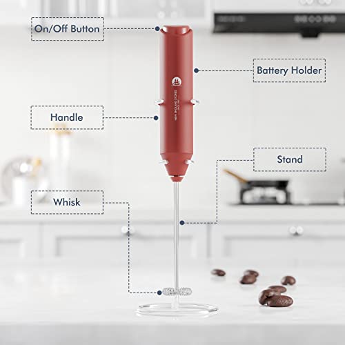 Image of Powerful Milk Frother Handheld Foam Maker, Mini Whisk Drink Mixer for Coffee, Cappuccino, Latte, Matcha, Hot Chocolate, With Stand, Red