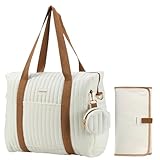 GOBABYMART Diaper Bag Tote for Moms, Baby Hospital Bag with Insulated Bottle Pockets, Changing Pad & Stroller Straps (Beige)