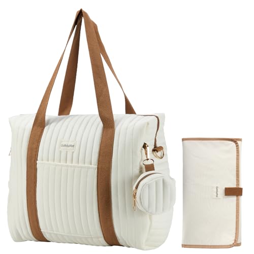 GOBABYMART Diaper Bag Tote for Moms, Baby Hospital Bag with Insulated Bottle Pockets, Changing Pad & Stroller Straps (Beige)
