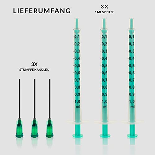 3 Stück Spritzen-Set 1ml mit stumpfer Nadel. Einwegspritzen, Dosierspritze aus Plastik. Ideal für feine Dosierungen, Hobby, Handwerk, Haustiere. Zur Präzisionsanwendung von Flüssigkeiten.