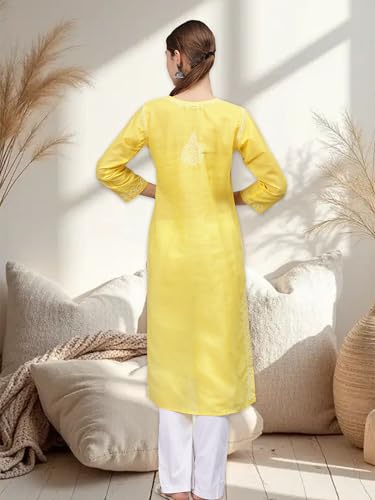 Image of Seva Chikan Hand Embroidered Lucknowi Chikankari Appricoat Peach Terivoil Cotton Kurta for Women SCL4603