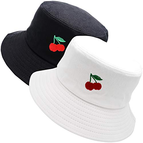 55cube Bucket Hat Packable Summer Travel Unisex Fisherman Hat, 2pack White/Black Embroidery Cherry, One Size
