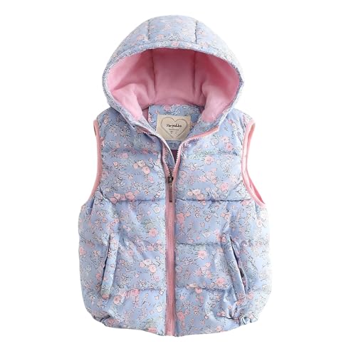 Image of Slxbear Little Girls Winter Hood Floral Padded Vest Jackets Kids Puffer Jacket With Pockets Lightweight Down Gilets Cute Quilted Warm Casual Sleeveless Jackets Blue 4-5 Years