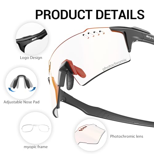 SCVCN Photochromic Cycling Glasses UV400 Protection for Women Men, TR90 Frame, MTB Running Mountain Bike Glasses, Riding Baseball Bicycle Driving, 01 Red Black