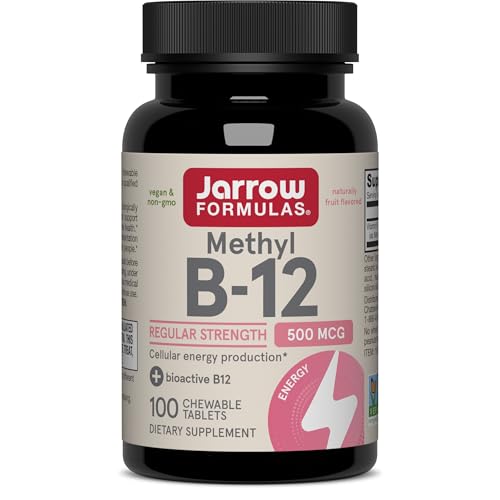 Jarrow Formulas Methyl B-12 500 mcg - 100 Chewable Tablets Cherry - Bioactive Vitamin B12 - Supports Energy Production Brain Health & Metabolism - Gluten Free - 100 Servings