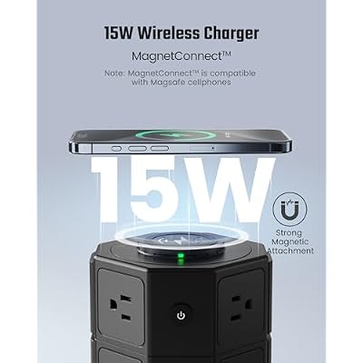 Tower Power Strip with 15W Wireless Charger, SUPERDANNY 1050J Surge Protector Tower 13A Charging Station with 12 AC Outlets & 6 USB Ports (2 USB C), 6.5ft Black Extension Cord for Dorm Essentials